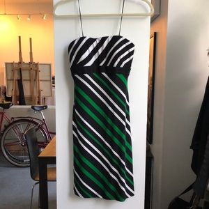 Cache Strapless Mini Dress- Blk Wht & Grn Stripes